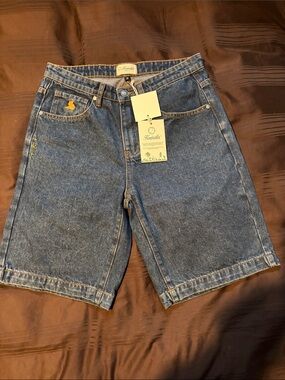 Russell Athletic Men's Dark Blue Denim Jean Shorts with Yellow Accent